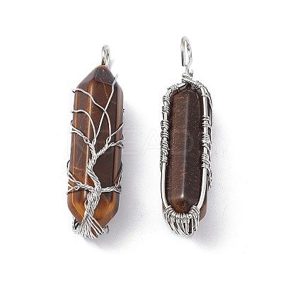 Natural Tiger Eye Copper Wire Wrapped Pointed Pendants G-F733-05A-1