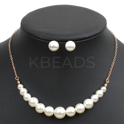 Alloy with ABS Plastic Pearl Round Beaded Necklaces & Stud Earrings Sets for Women WG13E8D-01-1