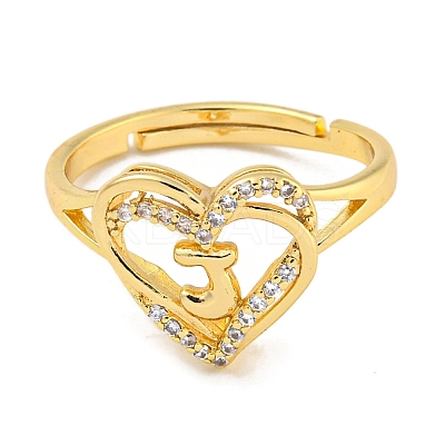 Heart with Letter Rack Plating Brass Micro Pave Clear Cubic Zirconia Adjustable Rings for Women RJEW-I105-01G-J-1
