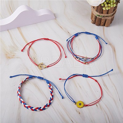4Pcs 4 Style Flower & Anchor Braided Bead Bracelets Set BJEW-SW00040-1
