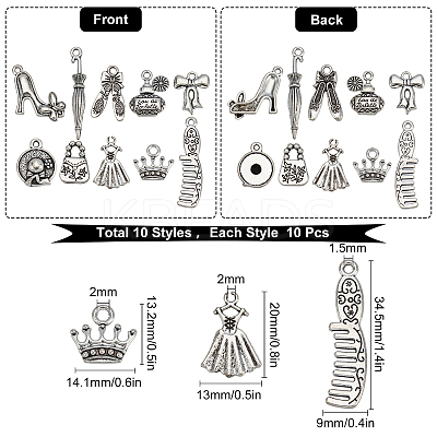 100Pcs 10 Style Girl Theme Tibetan Style Alloy Pendants FIND-SC0003-11-1