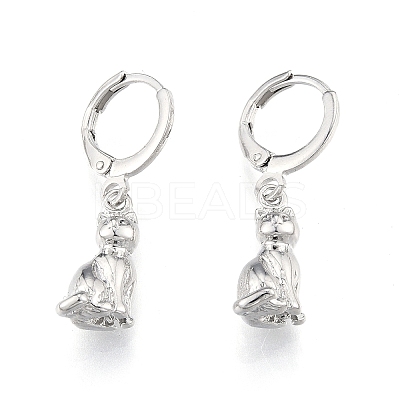 Brass Cat Dangle Leverback Earrings for Women EJEW-N012-105P-1
