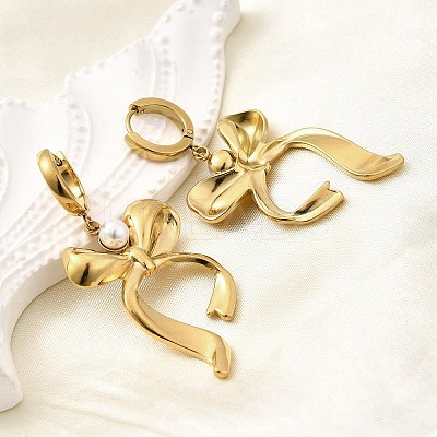 Bowknot 304 Stainless Steel Plstic Imitation Pearl Hoop Earrings for Women EJEW-U068-03G-1