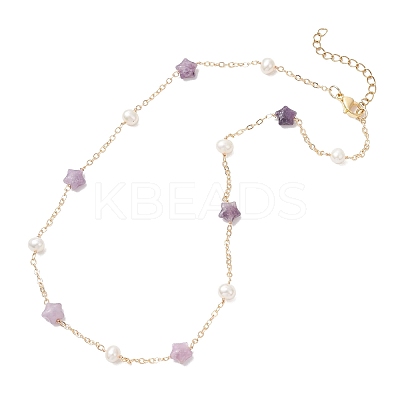 Natural Lepidolite Star & Natural Freshwater Pearl & Brass Link Chain Necklaces NJEW-JN05687-03-1