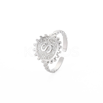 Non-Tarnish 304 Stainless Steel Flat Round with Initial Letter Open Cuff Ring for Men Women RJEW-S405-246P-S-1
