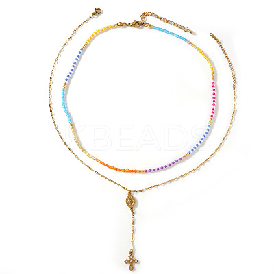 304 Stainless Steel Pendant Colorful Glass Beaded Double Layer Necklaces for Daily Wear WG8061-2-1