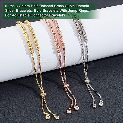 6Pcs 3 Colors Half Finished Brass Cubic Zirconia Slider Bracelets ZIRC-NB0002-02-1