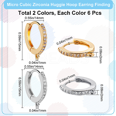 12Pcs 2 Colors Brass Micro Pave Clear Cubic Zirconia Hoop Earring Findings EJEW-BBC0001-16-1