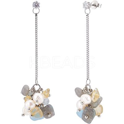 Natural Citrine & Aquamarine & Gemstone Chips Dangle Stud Earrings with Pearl EJEW-UN0002-08-1