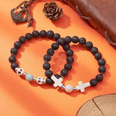 2Pcs 2 Style Skull & Cross & Round Natural & Synthetic Mixed Gemstone Beaded Stretch Bracelets Set BJEW-JB09519-1