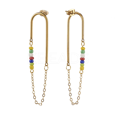 Chain Tassel with Glass Seed Beads Dangle Stud Earrings for Girl Women EJEW-TA00014-1