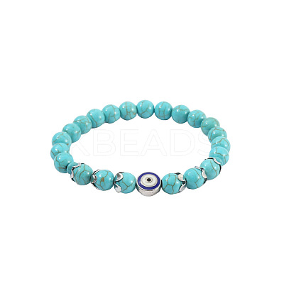 Synthetic Turquoise & Natural Tiger Eye Round Beaded Stretch Bracelets FS-WGB9D7B-02-1
