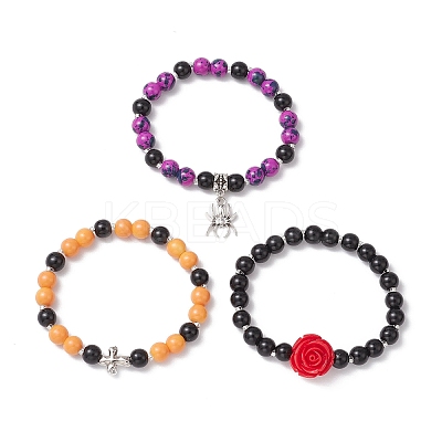 3Pcs Halloween Theme Baking Paint Glass Round Beads Stretch Bracelets for Women BJEW-MZ00186-1