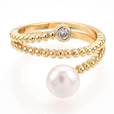 Natural Pearl Double Lines Finger Ring with Rhinestone PEAR-N020-06J-1