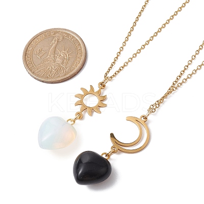 2Pcs 2 Style Opalite & Natural Obsidian Heart Pendant Necklaces Set NJEW-JN04484-1
