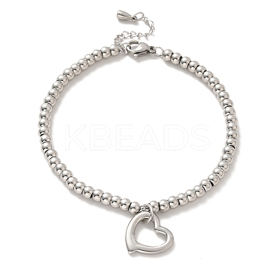 Tarnish Resistant 304 Stainless Steel Heart Charm Bracelet with 201 Stainless Steel Round Beads for Women BJEW-B057-12P-1