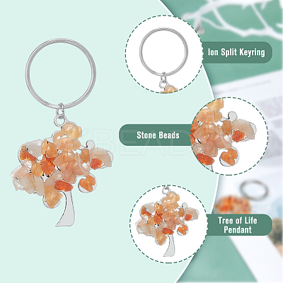 4 Sets 4 Styles Natural Gemstone Chip & Alloy Tree of Life Pendant Keychain KEYC-FH0001-45B-1
