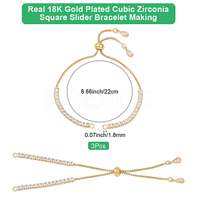 3Pcs Brass Pave Clear Cubic Zirconia Square Slider Bracelet Making BJEW-BBC0001-18-1