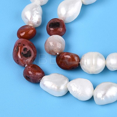 Natural Red Agate Nuggets & Natural Cultured Freshwater Pearl Beads Strands PEAR-N023-01A-02-1