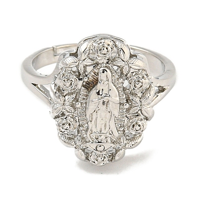 Oval with Saint Rack Plating Brass Adjustable Rings for Women RJEW-I105-03P-01-1