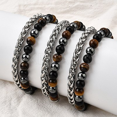 Natural Tiger Eye & Obsidian & Hematite Round Beads Multi-strand Bracelets BJEW-D330-02P-09-1