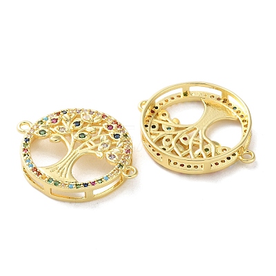 Rack Plating Brass Cubic Zirconia Tree of Life Connector Charm KK-C084-07B-G-1