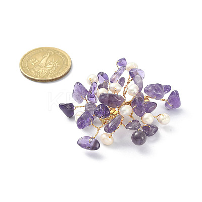 Natural Mixed Gemstone Chips & Pearl Beaded Flower Brooch Pin JEWB-BR00098-1