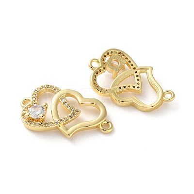 Rack Plating Brass Cubic Zirconia Double Heart Connector Charms KK-C084-32E-G-1