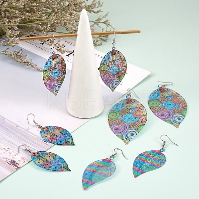 4 Pairs 4 Style Spray Painted Stainless Steel Holllow Leaf Dangle Earrings EJEW-SZ0001-35-1