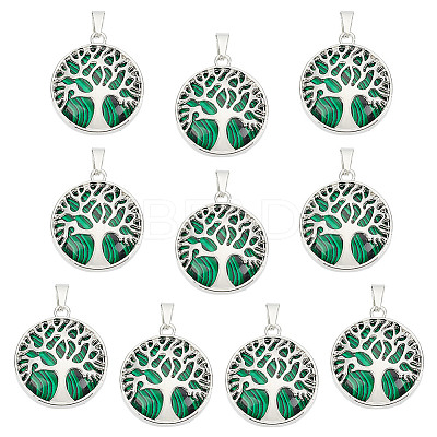10Pcs Synthetic Malachite Flat Round Pendants G-AR0006-25B-1