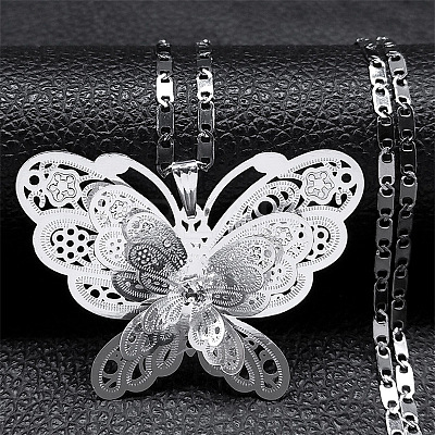 201 Stainless Steel Crystal Rhinestone 3D Hollow Butterfly Pendant Necklaces for Women NJEW-K283-30P-1