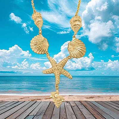 Summer Beach Alloy Crystal Rhinestone Shell Shape Starfish Pendant Necklaces for Women FS-WGE00B6-01-1