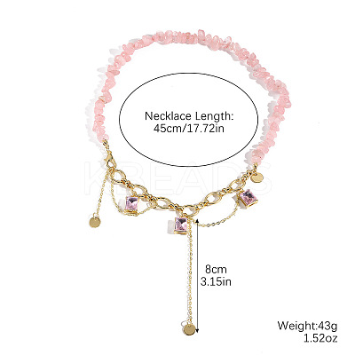 Natural Rose Quartz Chip Beaded Necklaces with Alloy Glass Rectangle Charms WGDF26A-08-1