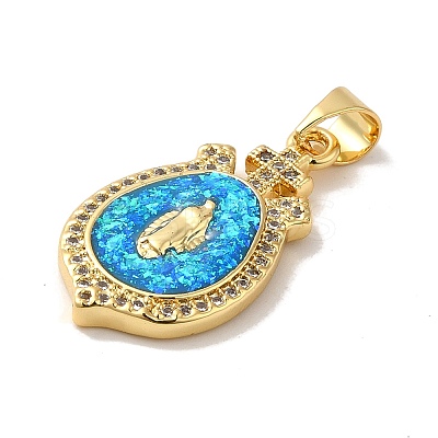 Rack Plating Brass Micro Pave Cubic Zirconia with Synthetic Opal Pendants KK-D088-17G-1