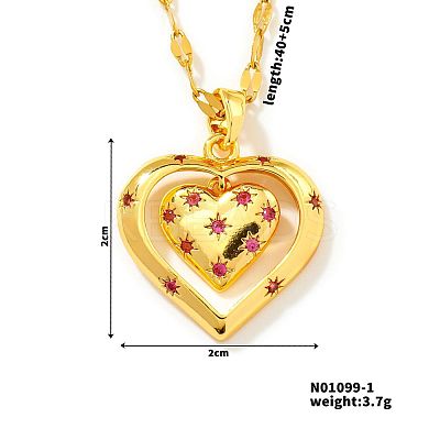 Brass Pave Cubic Zirconia Hollow Double Heart Pendant Necklace PL5801-1-1