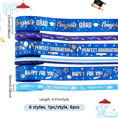 6Pcs 6 Styles Graduation Season Gold Stamping Polyester Printed Ribbon OCOR-PH0005-03-1