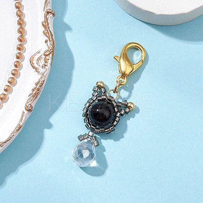 Natural Black Onyx & Glass Seed Beaded Cat Pendant Decoration HJEW-MZ00157-02-1