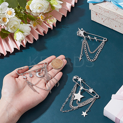 3Pcs 3 Styles Star & Moon Alloy Rhinestone Safety Pin JEWB-HY0001-46-1