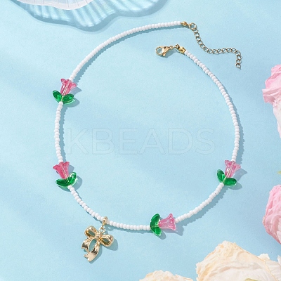 Alloy Bowknot Pendant Tulip Flower Glass Seed Beaded Necklaces for Women NJEW-MZ00148-02-1