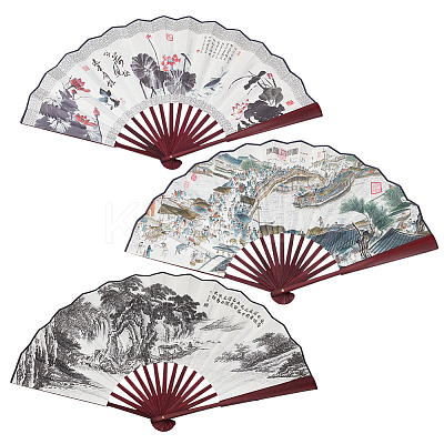 3Pcs 3 Styles Bamboo with Cloth Folding Fan AJEW-PH0006-46-1