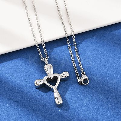 304 Stainless Steel Heart Cross Pendant Pet Urn Ashes Necklaces LS-NJEW-S455-05P-1