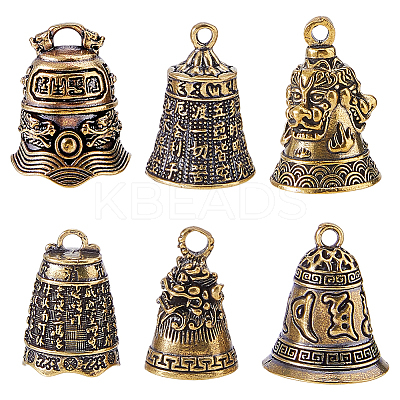 6Pcs 6 Styles Tibetan Style Brass Bell Pendants KK-FH0008-31-1
