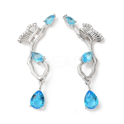 Sky Blue Cubic Zirconia Butterfly with Teardrop Dangle Sutd Earring EJEW-H092-02P-1