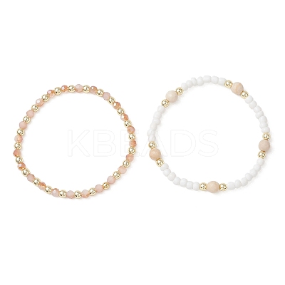 2Pcs Natural Fossil & Glass Round Beaded Stretch Bracelets for Women BJEW-JB13308-1