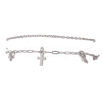 2Pcs 2 Styles 304 Stainless Steel Cable Chain Paperclip Chain Charm Double Layer Anklets for Women AJEW-AN00740-03-1