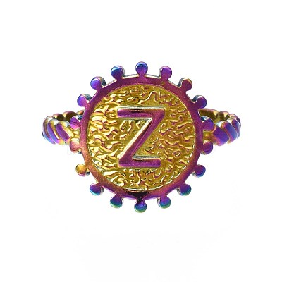 Rainbow Color 304 Stainless Steel Flat Round with Initial Cuff Ring RJEW-S405-139-1