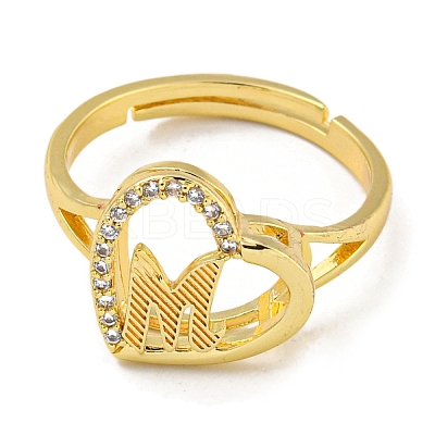 Heart with Letter Rack Plating Brass Micro Pave Cubic Zirconia Adjustable Rings for Women RJEW-I105-06G-M-1