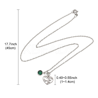 Valentine's Day 304 Stainless Steel & Green Glass Tree Heart Pendant Cable Chain Necklaces for Women NJEW-FS00014-05-1