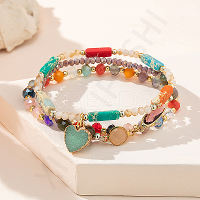3Pcs 3 Styles Glass & Resin Beaded Stretch Bracelets & Alloy Heart Charms Bracelets for Women FS-WGDA739-01-1