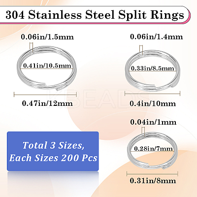 600Pcs 3 Styles 304 Stainless Steel Split Rings STAS-SP0001-64-1